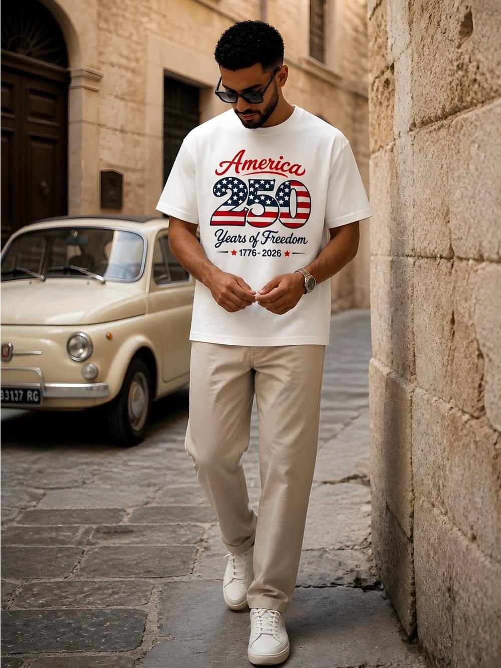 Shaka Wear White Short Sleeve Tee - 'America 250' Patriotic Graphic
